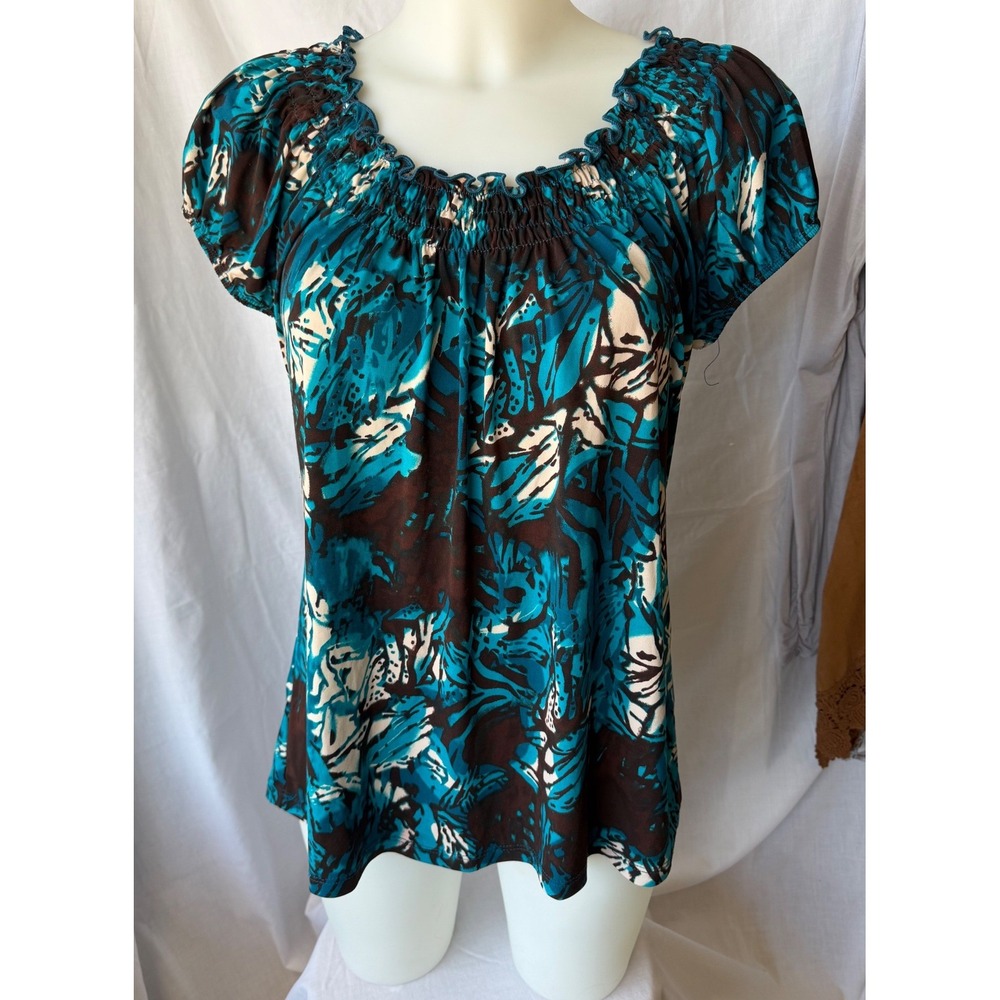 Y2K Carol Rose Peasant Eclectic Teal Brown Abstract Floral Smocked Ruffle XL